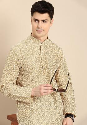 Beige Embroidered Cotton Kurta For Men