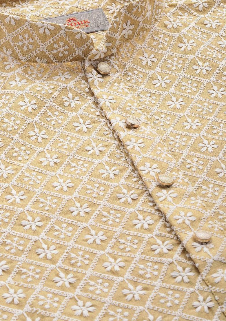 Beige Embroidered Cotton Kurta For Men - Indya