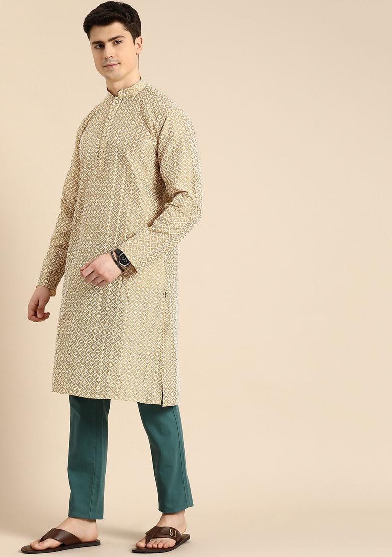 Beige Embroidered Cotton Kurta For Men - Indya