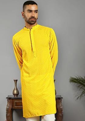 Yellow Woven Design Cotton Kurta For Men