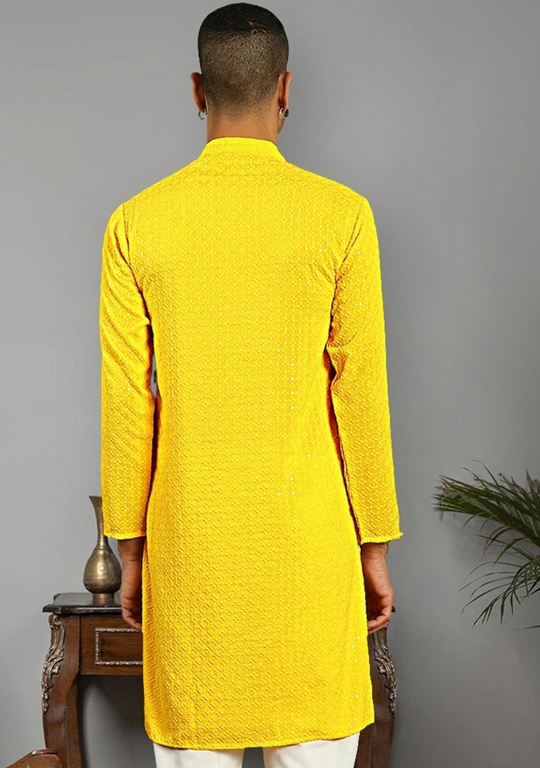 Yellow Woven Design Cotton Kurta For Men - Indya