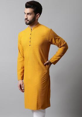 Yellow Woven Design Cotton Kurta For Men