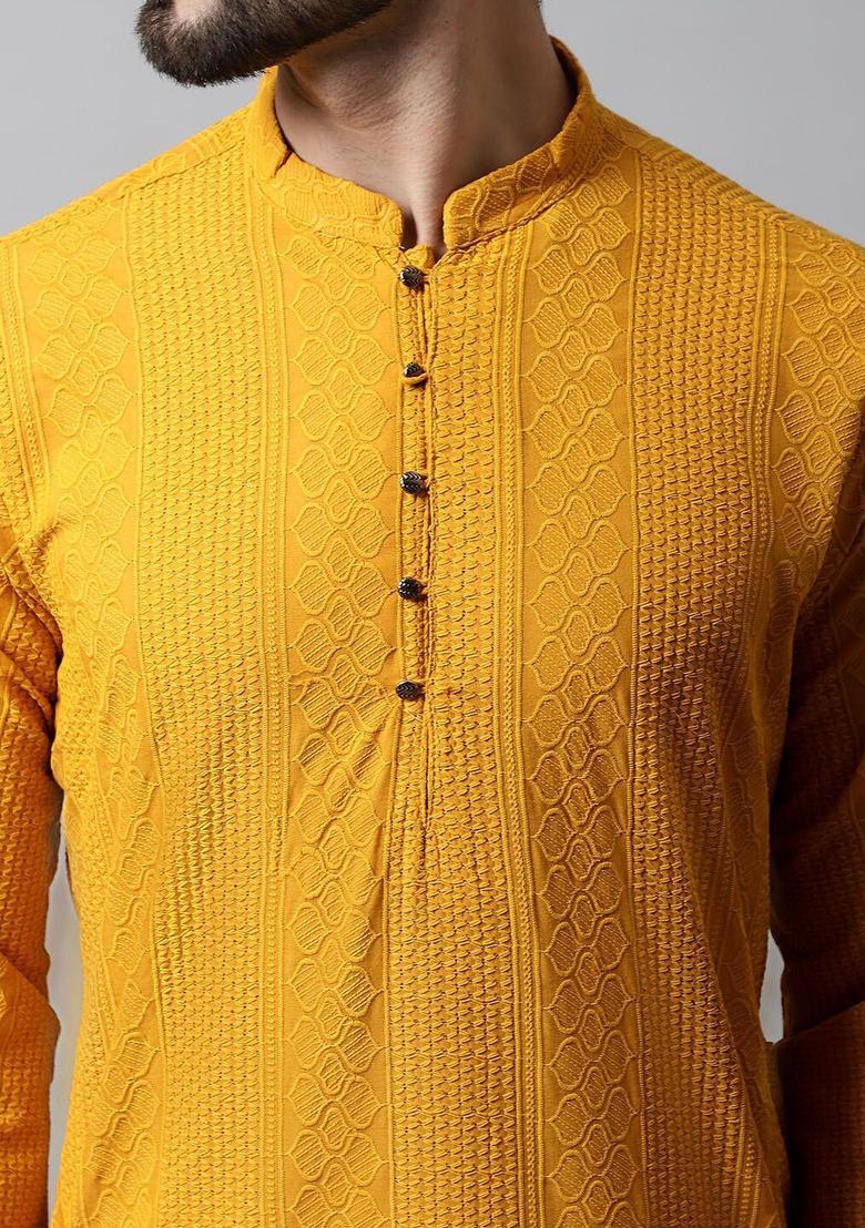 Yellow Woven Design Cotton Kurta For Men - Indya
