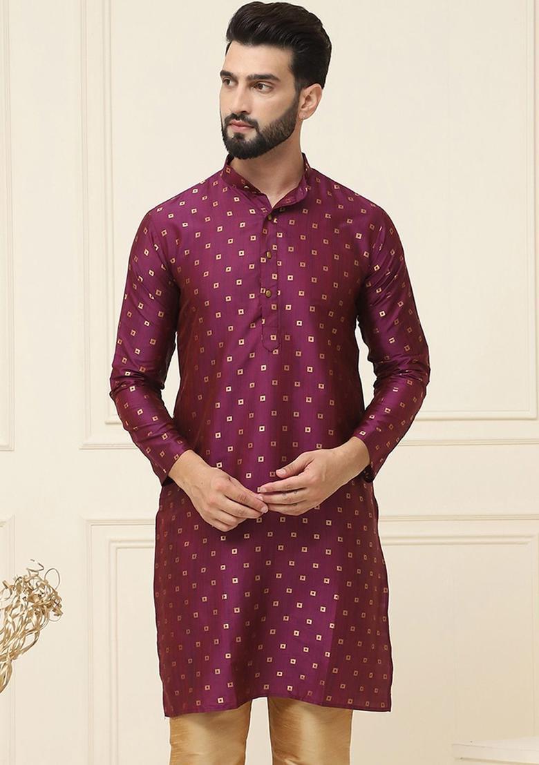 Purple Woven Design Cotton Kurta For Men - Indya