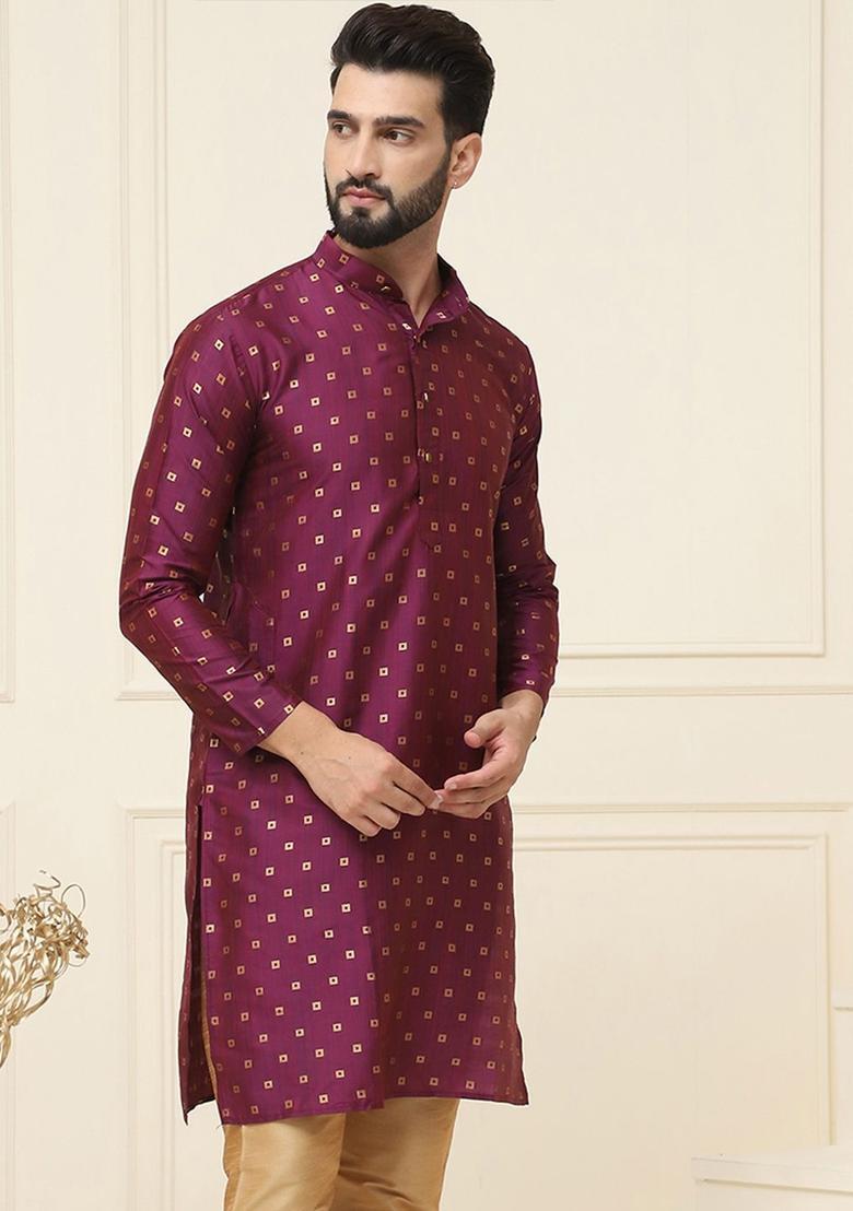 Purple Woven Design Cotton Kurta For Men - Indya