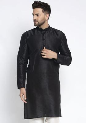 Black Woven Design Silk Kurta For Men
