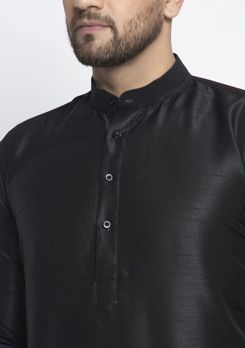 Black Woven Design Silk Kurta For Men - Indya