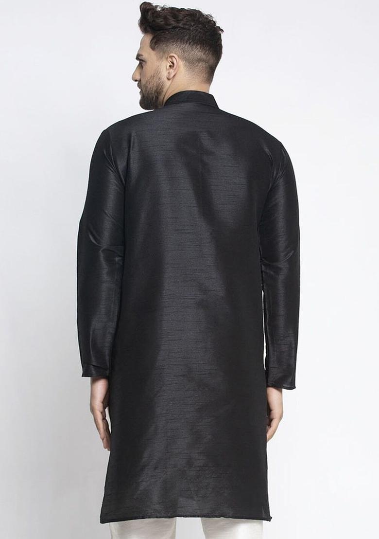 Black Woven Design Silk Kurta For Men - Indya