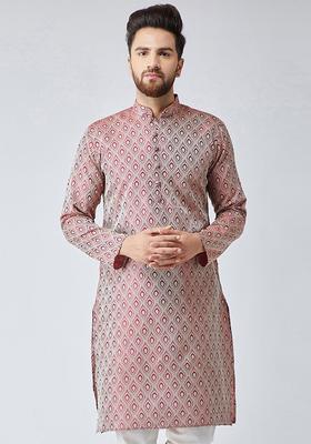 Maroon Woven Design Jacquard Kurta For Men