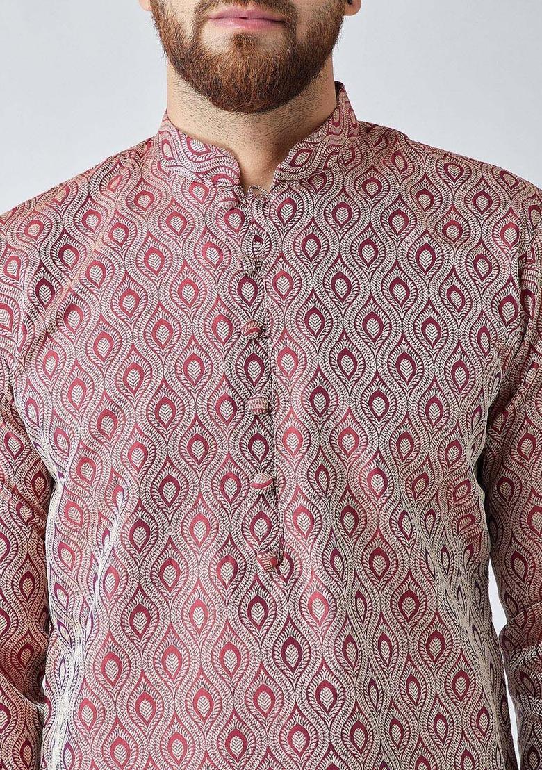 Maroon Woven Design Jacquard Kurta For Men - Indya