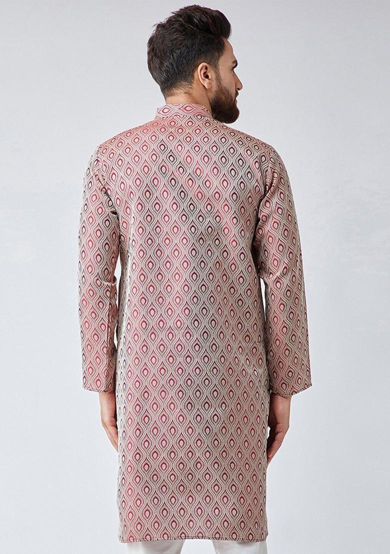 Maroon Woven Design Jacquard Kurta For Men - Indya