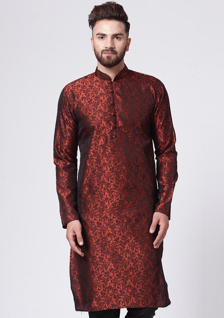 Maroon Woven Design Jacquard Kurta For Men - Indya