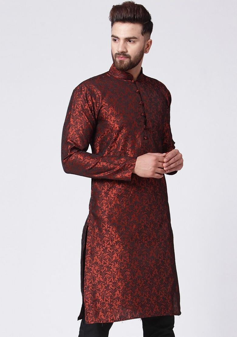Maroon Woven Design Jacquard Kurta For Men - Indya