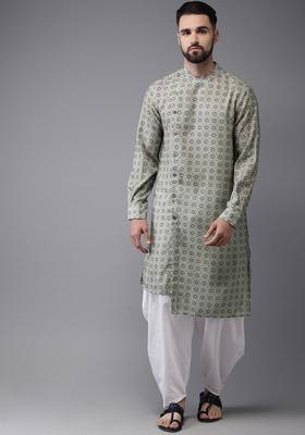 Green Printed Polyester Kurta For Men