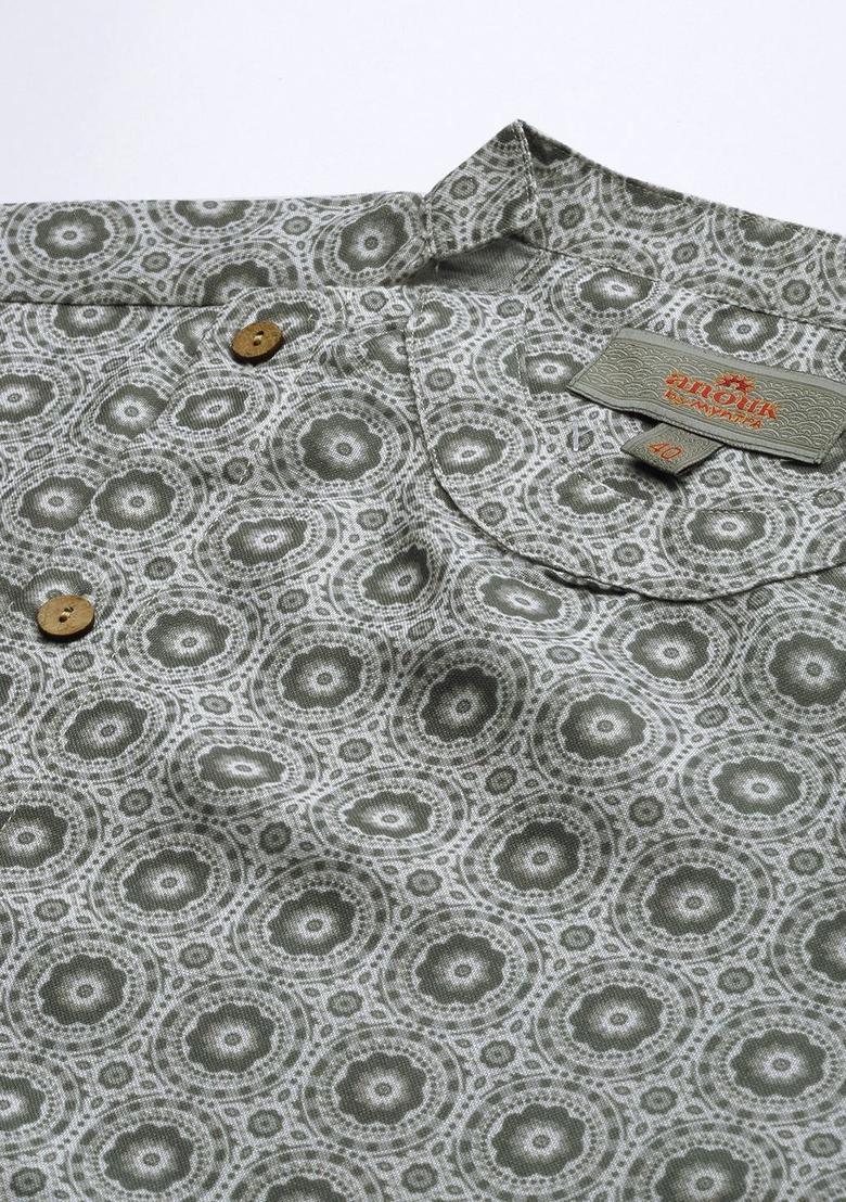 Green Printed Polyester Kurta For Men - Indya