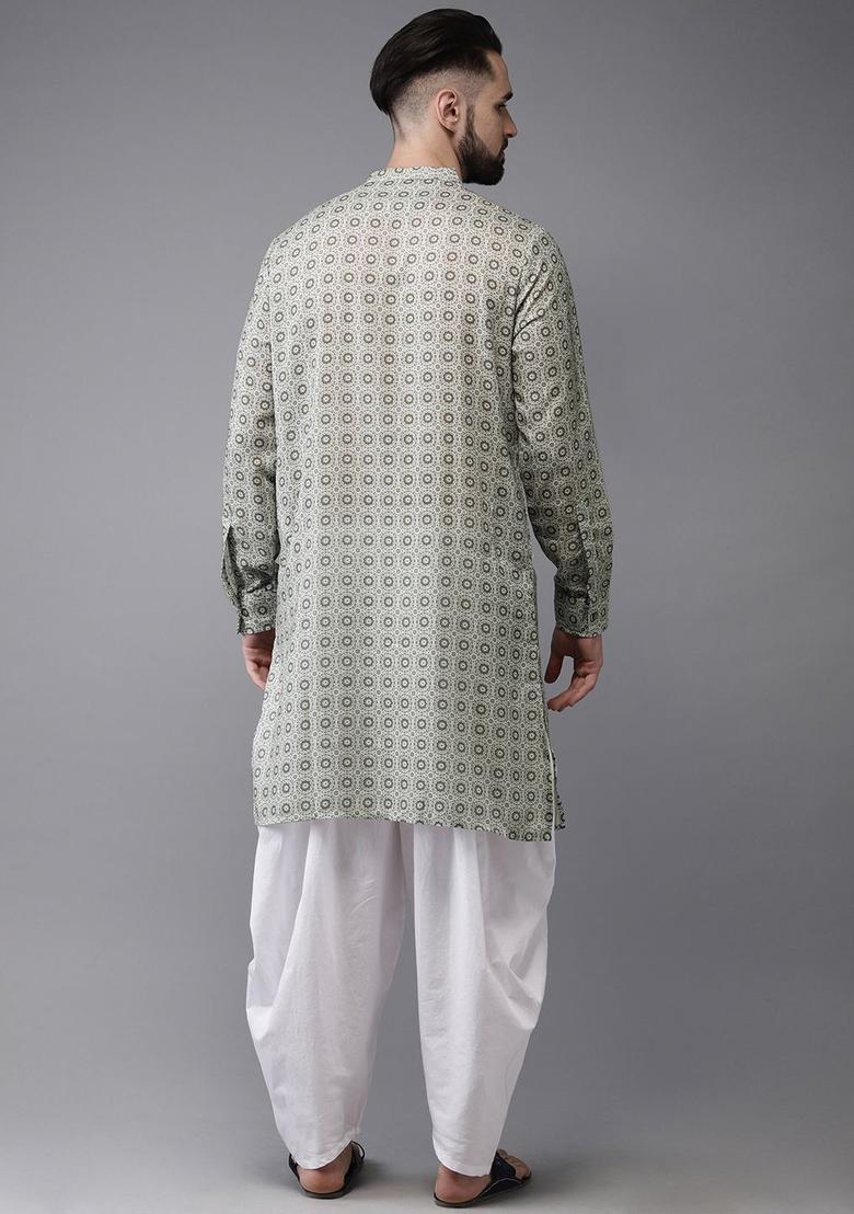 Green Printed Polyester Kurta For Men - Indya
