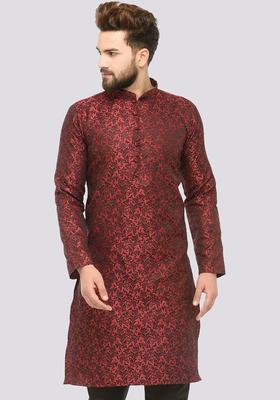 Maroon Woven Design Silk Kurta For Men
