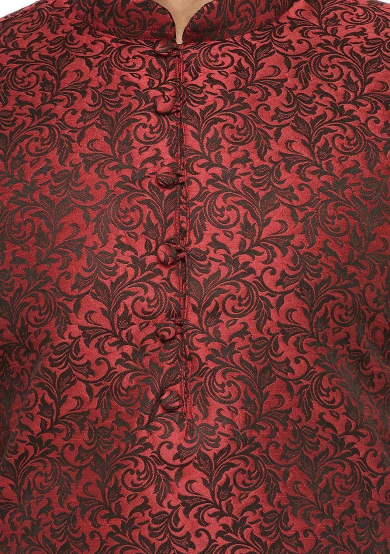 Maroon Woven Design Silk Kurta For Men - Indya