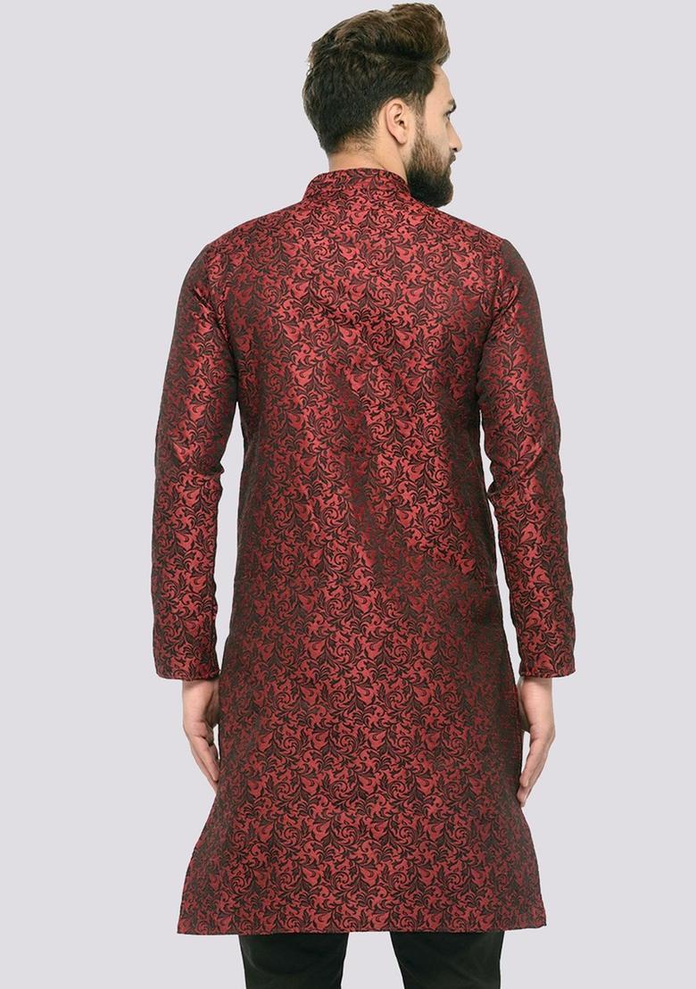 Maroon Woven Design Silk Kurta For Men - Indya