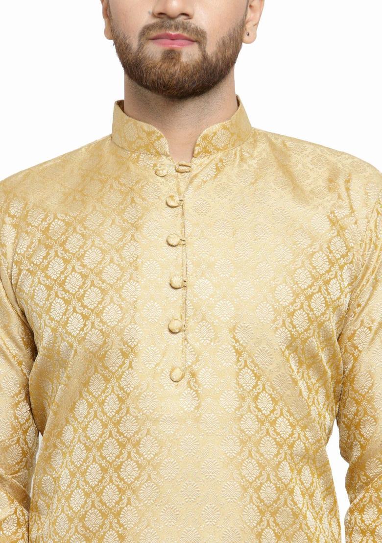 Gold Woven Design Silk Kurta For Men - Indya