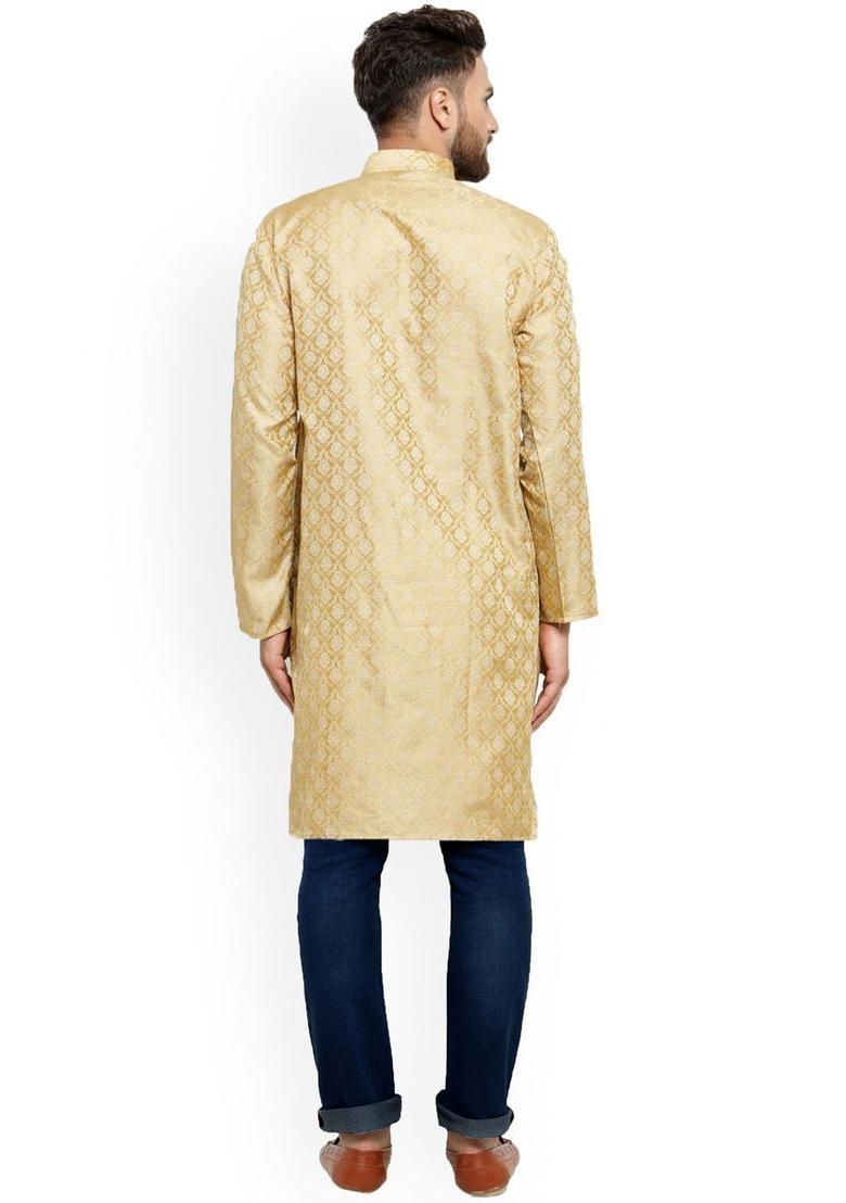 Gold Woven Design Silk Kurta For Men - Indya