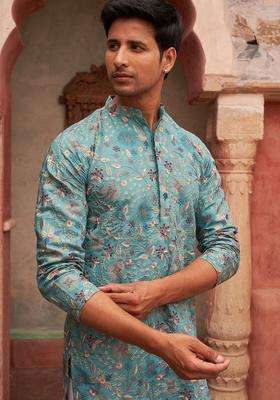 Blue Embroidered Silk Blend Kurta For Men