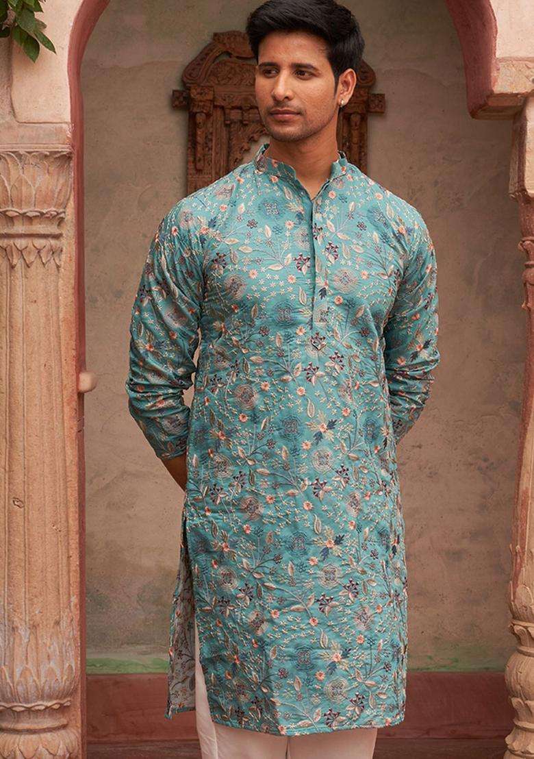 Blue Embroidered Silk Kurta For Men - Indya
