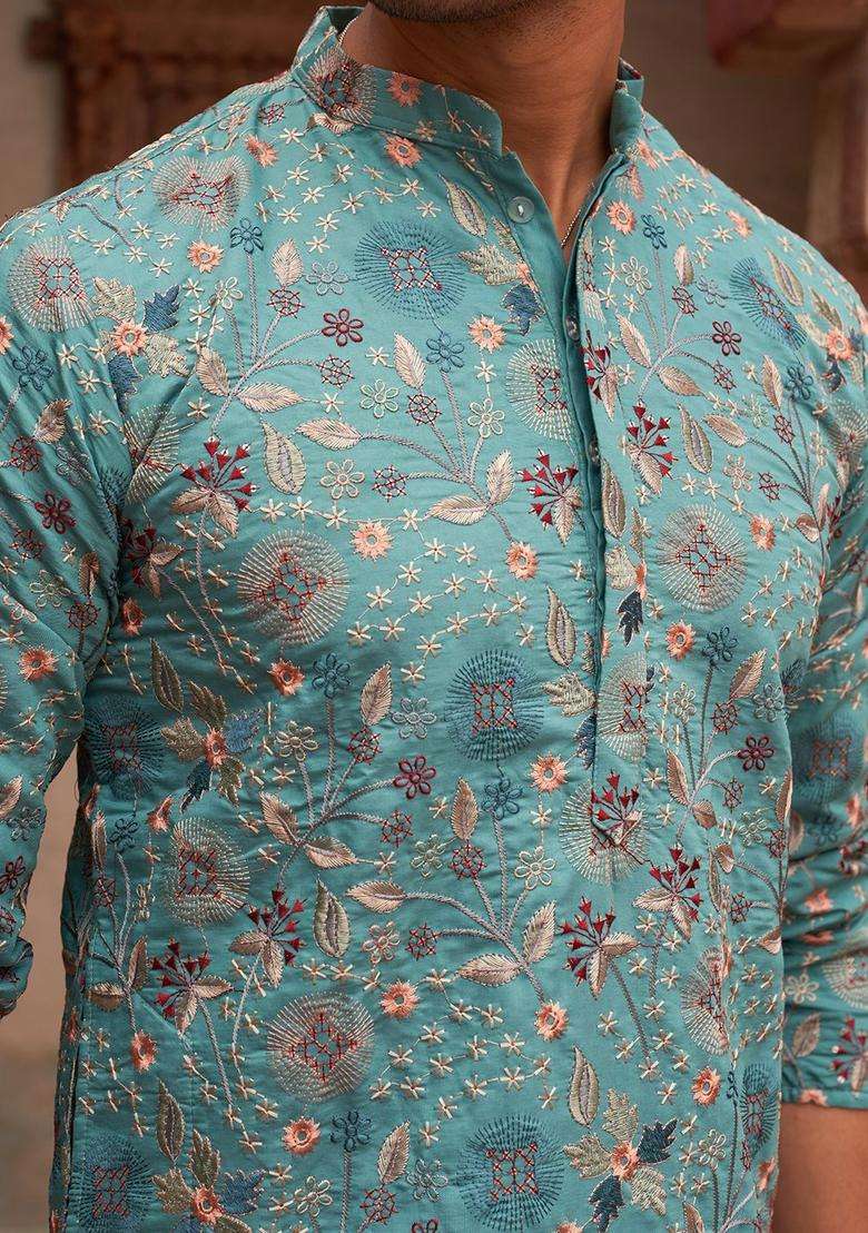 Blue Embroidered Silk Blend Kurta For Men - Indya