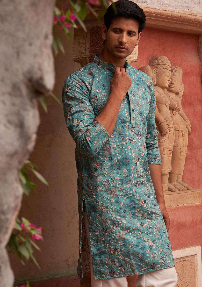 Blue Embroidered Silk Kurta For Men - Indya