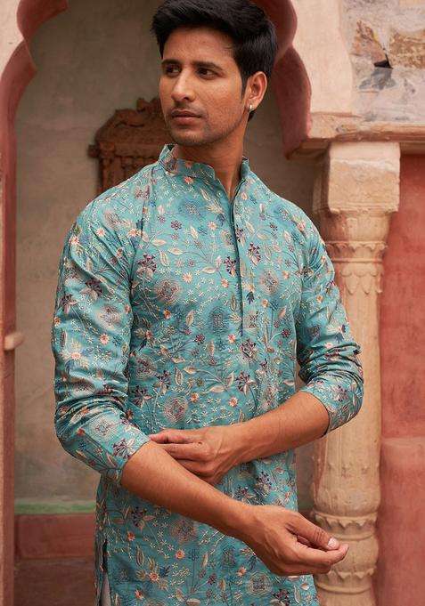 Blue Embroidered Silk Blend Kurta For Men