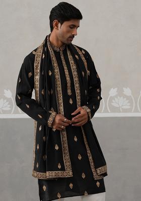 Black Embroidered Silk Kurta With Dupatta For Men