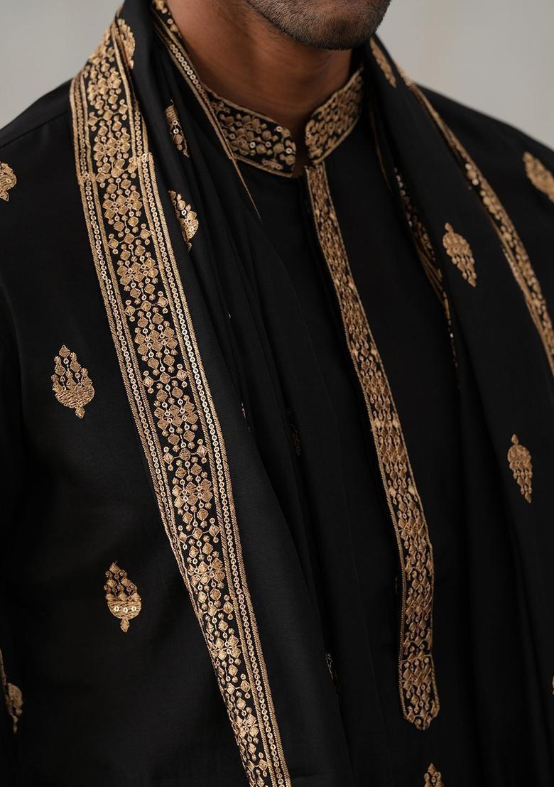 Black Embroidered Silk Kurta With Dupatta For Men - Indya