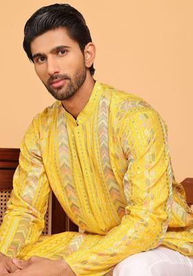 Yellow Embroidered Silk Kurta For Men