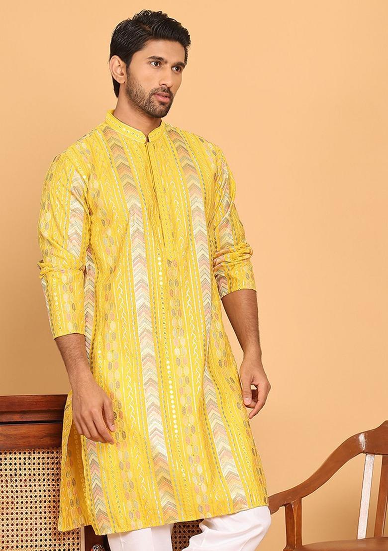 Yellow Embroidered Silk Kurta For Men - Indya