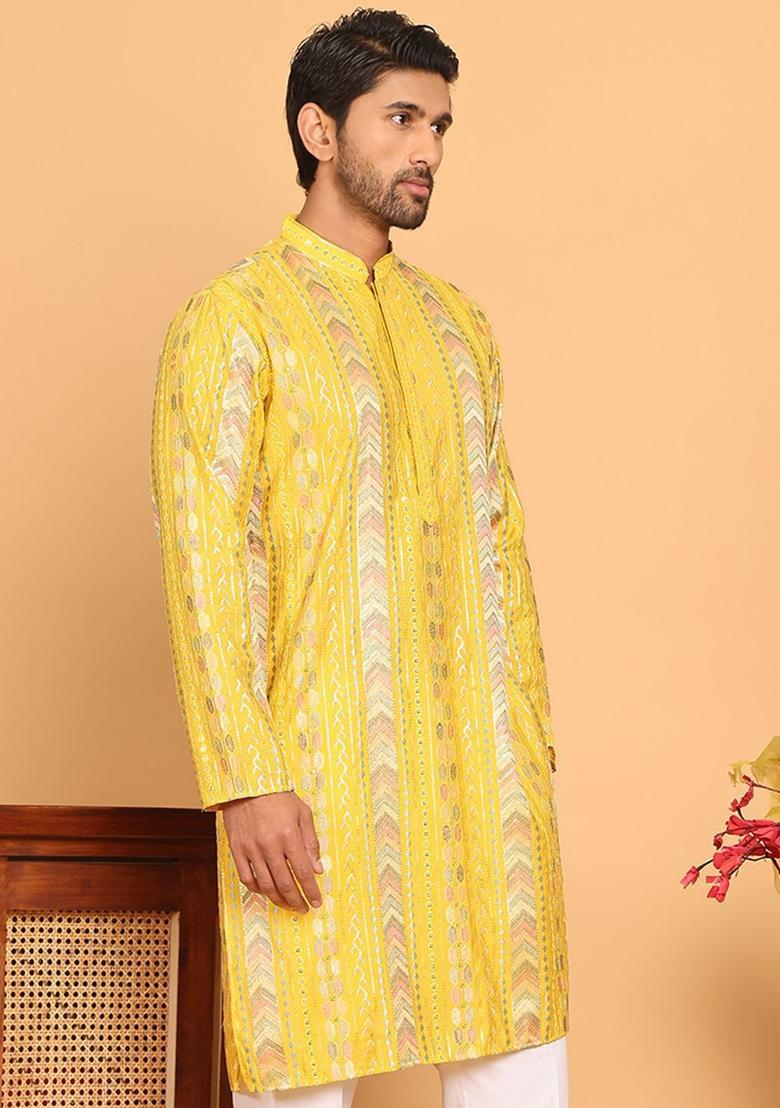 Yellow Embroidered Silk Kurta For Men - Indya