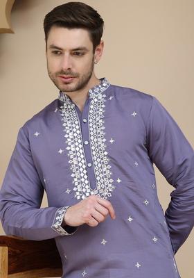 Purple Embroidered Silk Kurta For Men