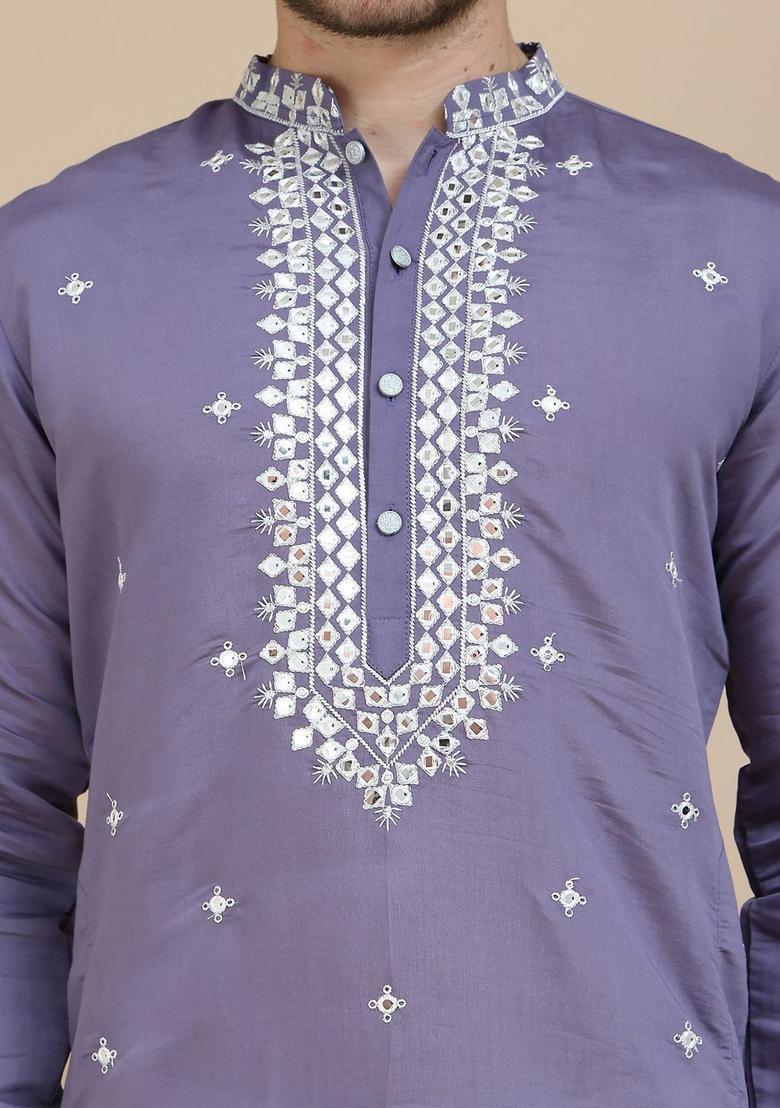 Purple Embroidered Silk Kurta For Men - Indya