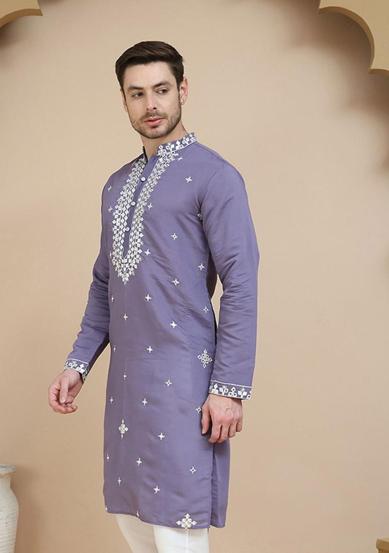 Purple Embroidered Silk Kurta For Men - Indya