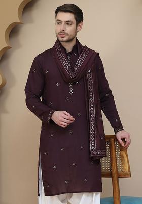 Purple Embellished Silk Kurta With Dupatta For Men