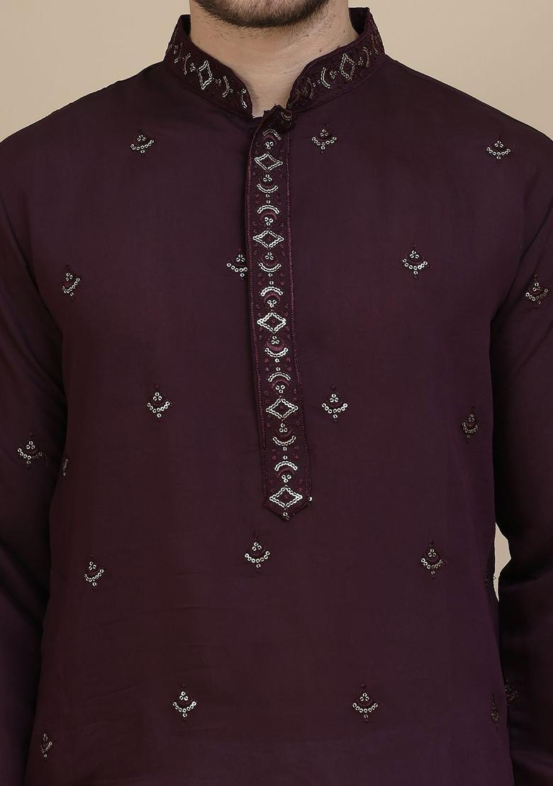 Purple Embellished Silk Kurta With Dupatta For Men - Indya