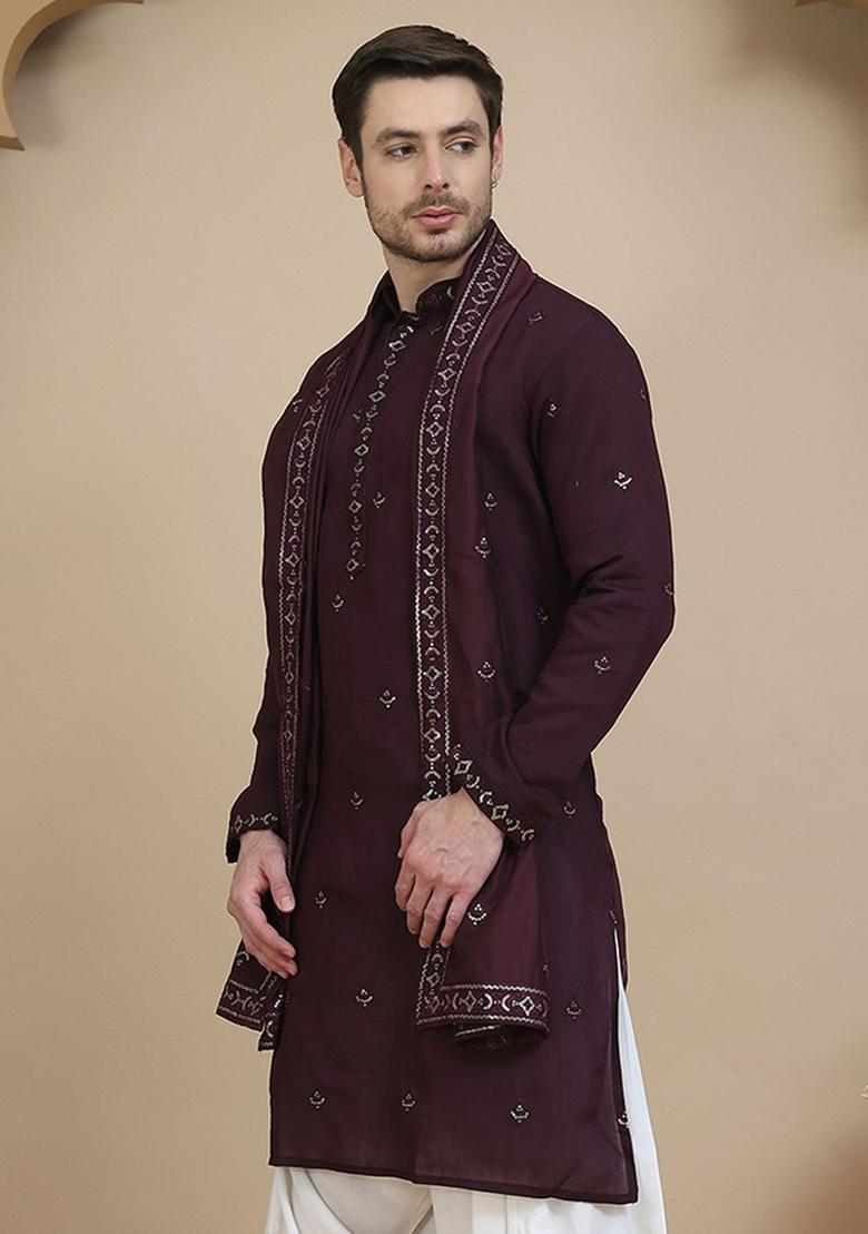 Purple Embellished Silk Kurta With Dupatta For Men - Indya