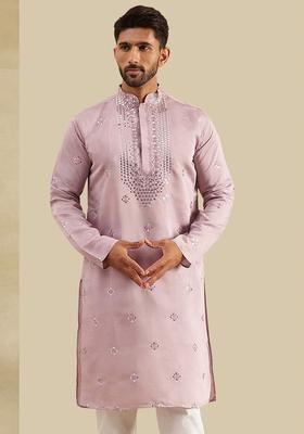 Purple Embroidered Silk Kurta For Men