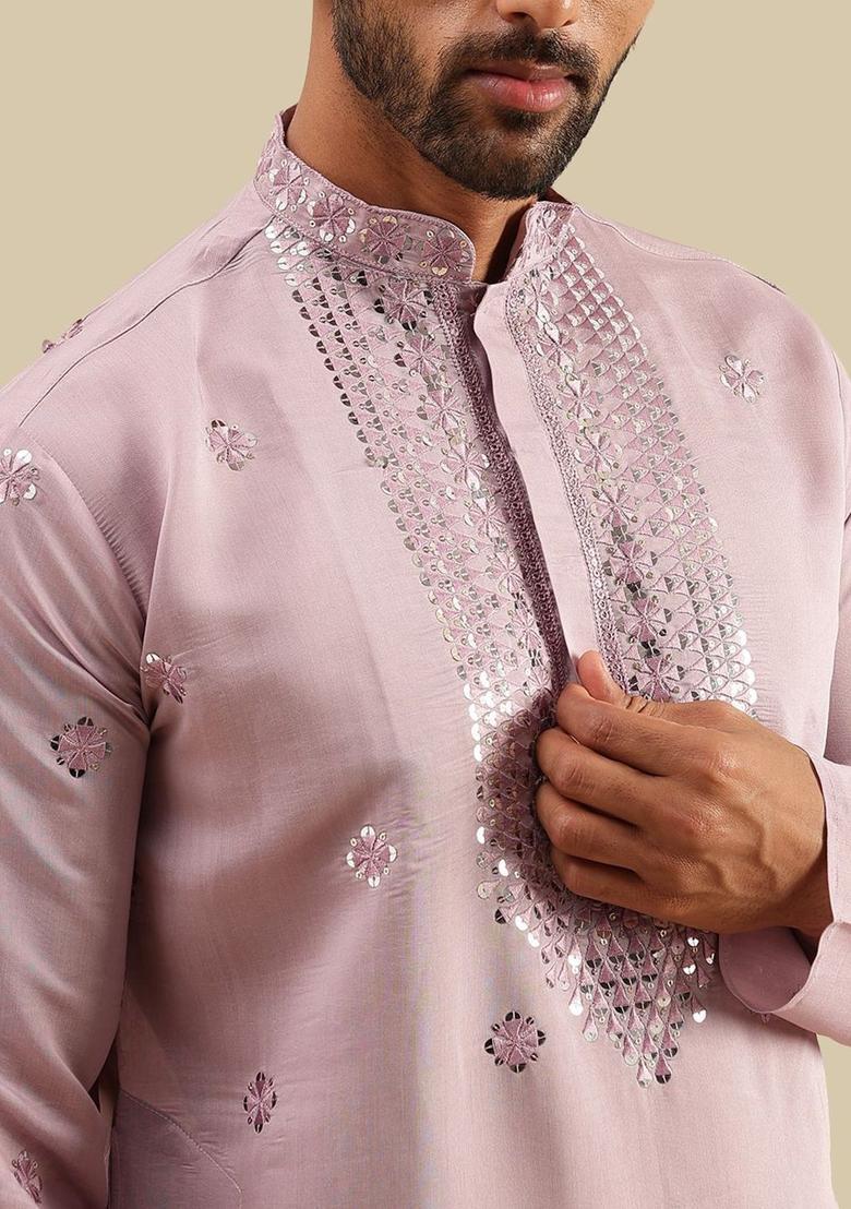 Purple Embroidered Silk Kurta For Men - Indya