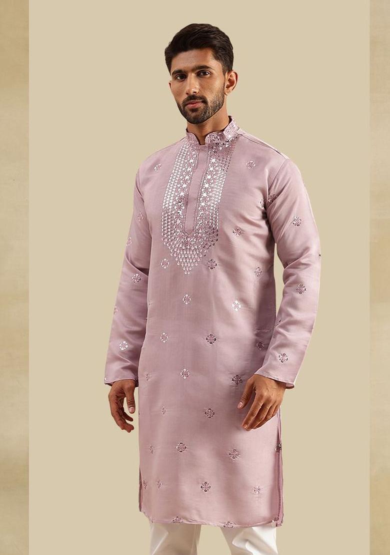 Purple Embroidered Silk Kurta For Men - Indya