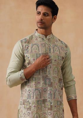 Olive Embroidered Silk Kurta For Men
