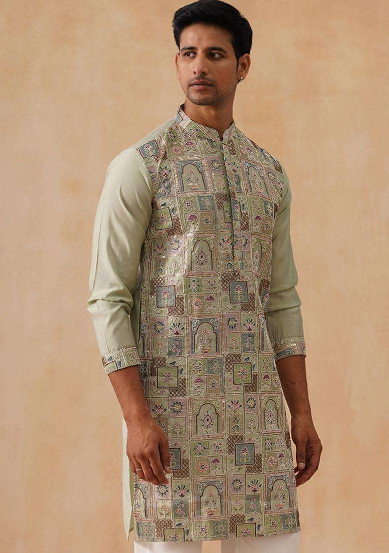 Olive Embroidered Silk Blend Kurta For Men - Indya