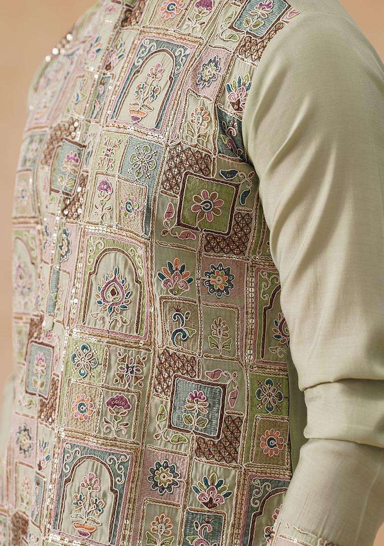 Olive Embroidered Silk Blend Kurta For Men - Indya