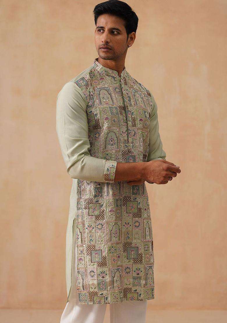 Olive Embroidered Silk Blend Kurta For Men - Indya