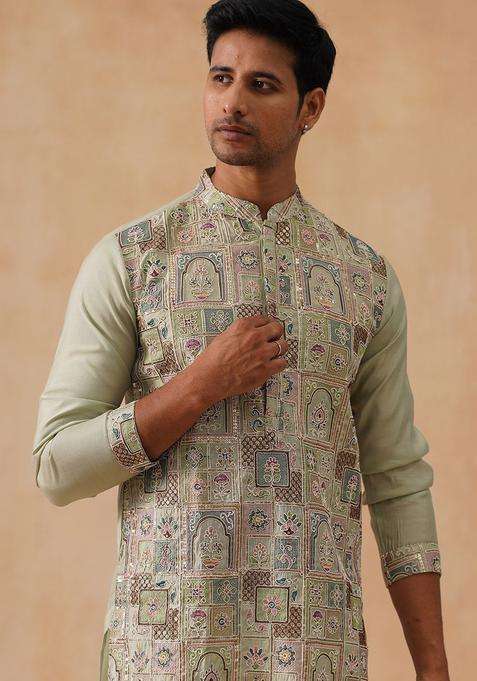 Olive Embroidered Silk Blend Kurta For Men
