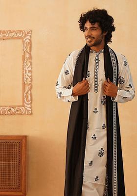 White Embroidered Silk Kurta With Dupatta For Men
